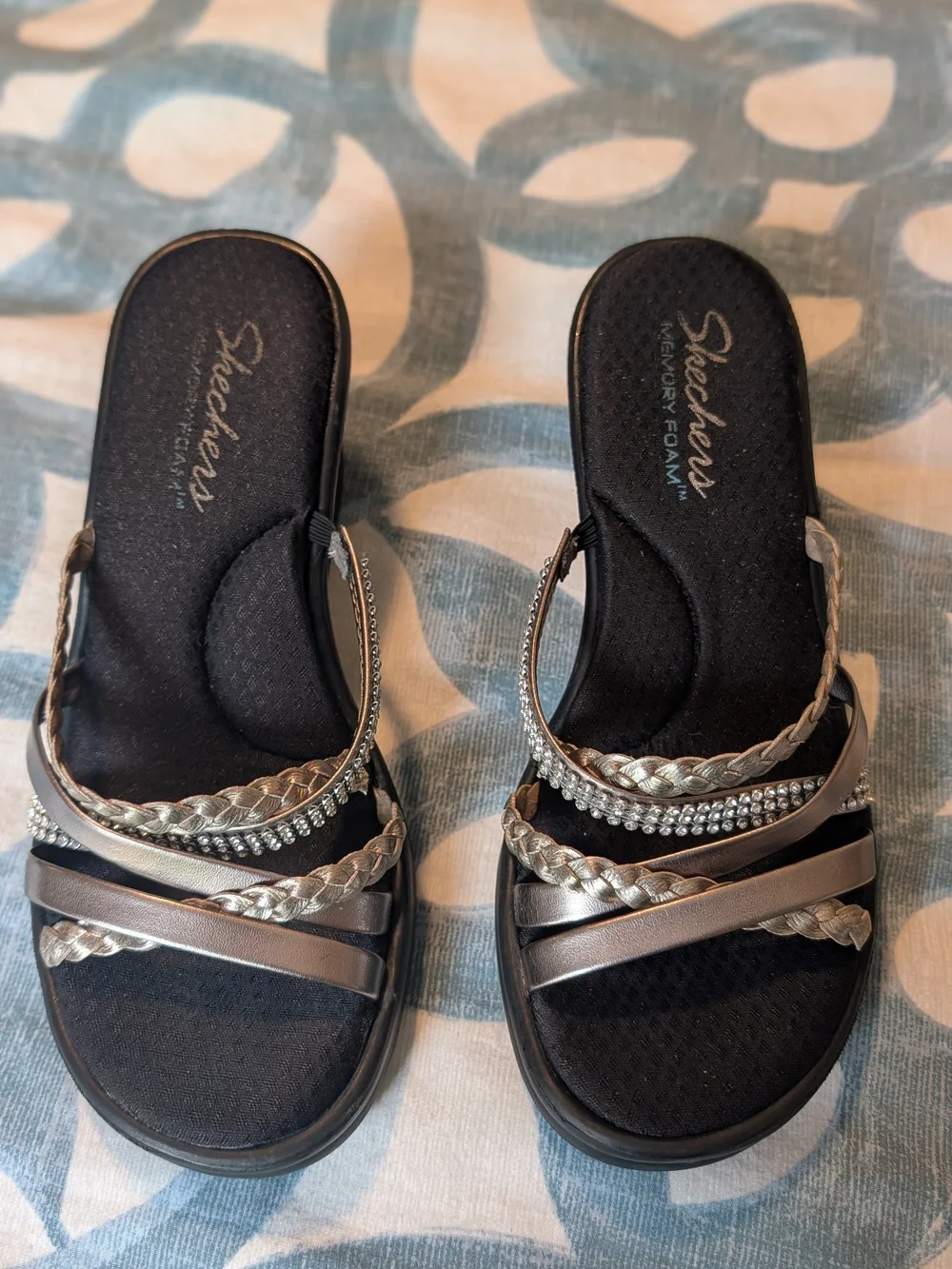 Skechers Black Wedge Sandals with Silver Straps
